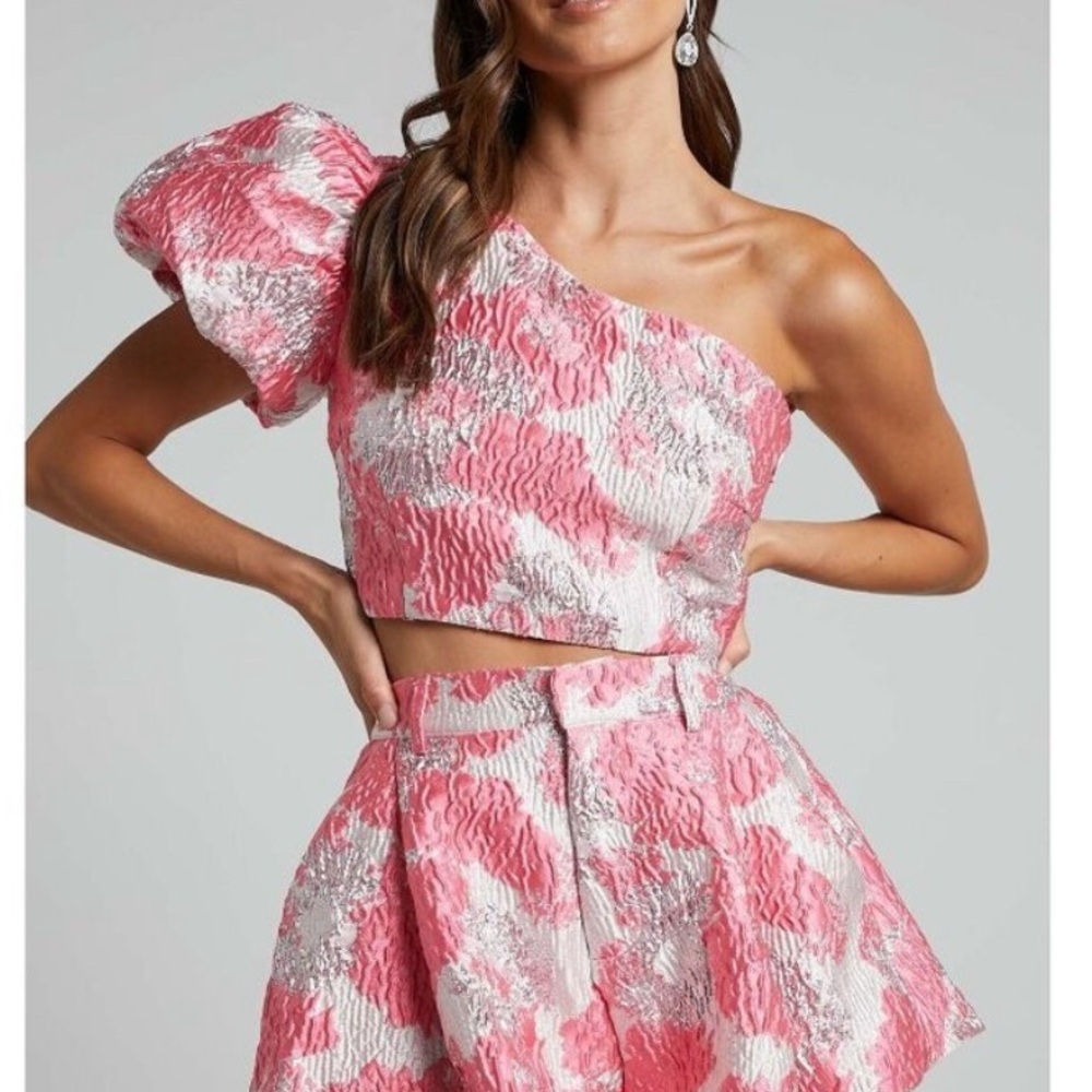 Pink and Silver One-Shoulder Top and Short set